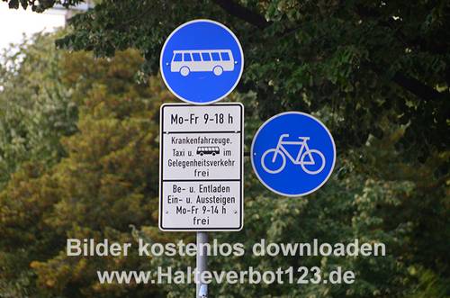 Großaufnahme Zeichen Sonderweg Radfahrer und Linienbusse und weitere Zusatzzeichen