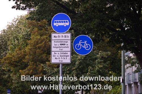 Vorschriftzeichen Sonderweg Radfahrer und Linienbusse und weiter Zusatzzeichen an einem Mast