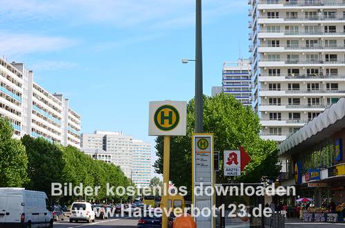 Zeichen Haltestelle für Straßenbahn oder Linienbusse mit Straßensituation im Hintergrund